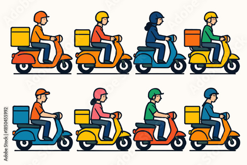 Diverse Group of Delivery Riders on Scooters Ready for Service.