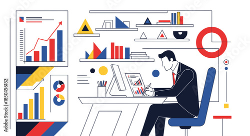 Man Working on Laptop with Business Charts.