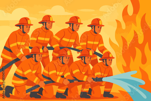 Firefighters bravely battling flames with water hoses to extinguish blaze.