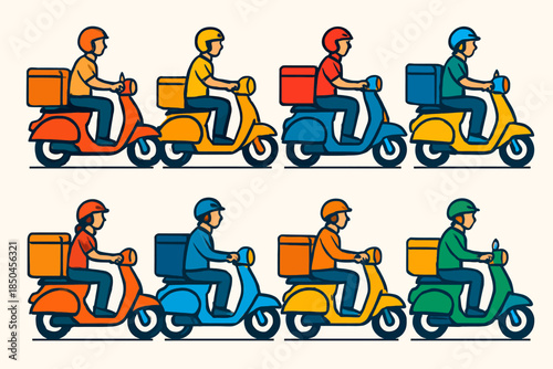 Delivery riders on scooters, a vibrant illustration of urban logistics and fast service.
