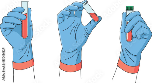 Professional medical laboratory collection featuring hands in blue surgical gloves holding glass test tubes with blood samples for healthcare diagnostic and scientific research