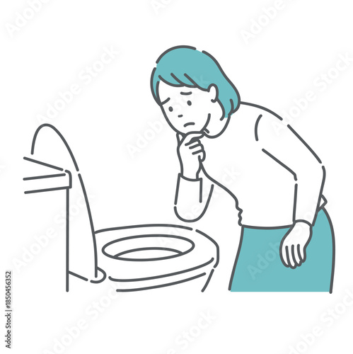 トイレで便の状態を確認して悩む女性のイラスト（便秘・検査前処置NG・不調）