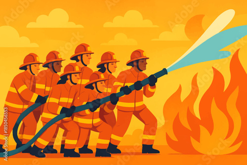 Brave Firefighters Battling a Blazing Fire with Water Hose.