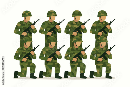 Group of soldiers in camouflage uniform standing and kneeling with rifles.