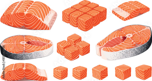Professional seafood collection featuring fresh raw salmon fillets, steaks, and sliced orange fish cubes for culinary menu design and healthy grocery branding