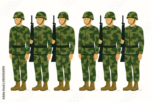 Six soldiers in camouflage uniforms standing in a row with rifles.