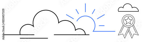 Achievement, recognition, optimism, nature, awards, motivation. Minimal cloud, sunrise star medal. s recognition and optimism for achievement and award