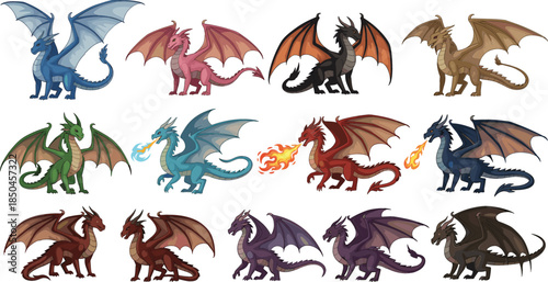 Large collection of diverse fantasy dragons in various colors and poses including fire breathing flying and standing mythical creatures for gaming and illustration.