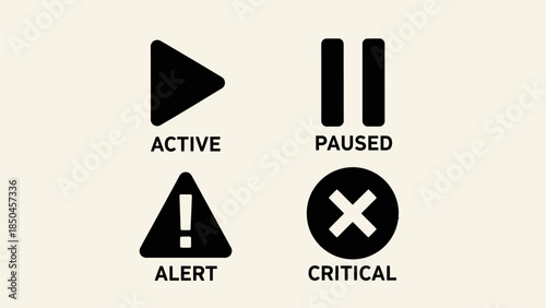 Dynamic visual symbols illustrating common operational states, media playback controls, and crucial alert notifications for intuitive digital user interfaces