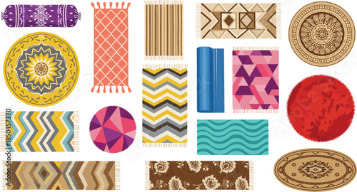Large collection of modern rugs and carpets in various shapes and patterns including round rectangular and oval mats for home interior decor illustration.