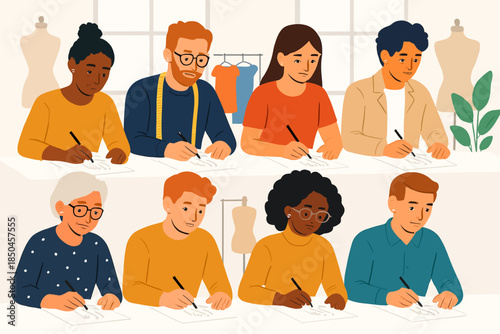 Diverse group of fashion design students sketching and learning together.