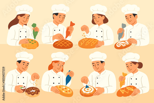 Bakers Decorating Pastries and Bread in a Culinary Class.