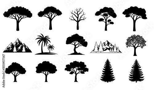 Collection of isolated tree silhouettes from multiple climate zones in clean flat vector style on white background