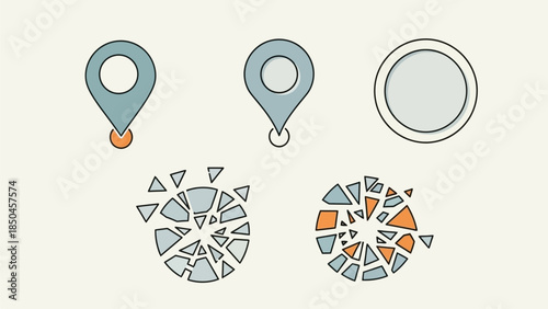 Location Pin and Shattered Circle Icons Representing Geo-tagging and Data Fragmentation