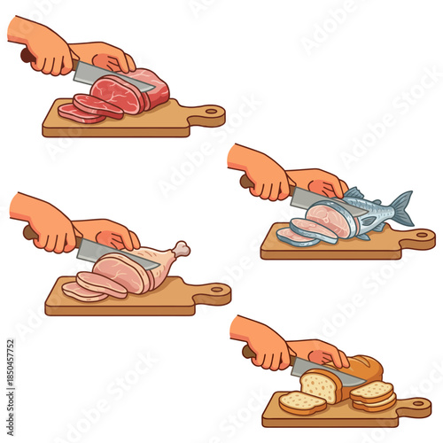 Hands Cutting Meat, Chicken, Fish, and Bread on Wooden Board Vector Illustration Set