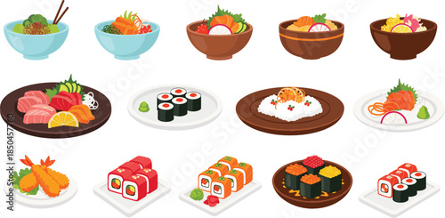 Large collection of Japanese cuisine vector illustrations including various sushi rolls, nigiri, sashimi, tempura shrimp, and healthy poke bowls for restaurant menus.