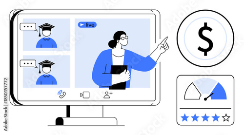 Online education. Virtual teaching sessions with remote students and graduation caps. Online education improving learning accessibility with communication tools. For e-learning, training platforms