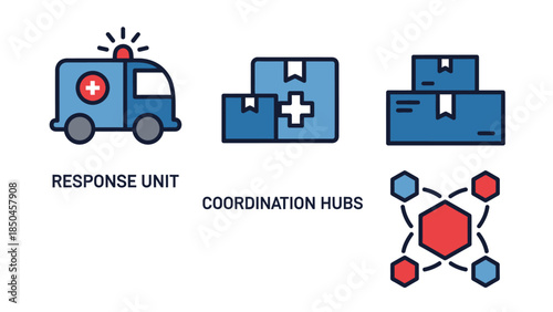 Modern illustration showcasing critical elements for effective emergency management, including swift intervention vehicles, secure distribution centers, and interconnected data flow systems