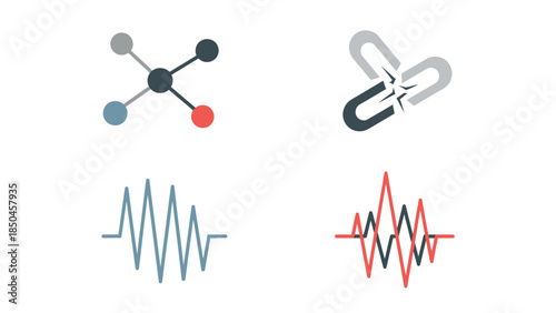 Collection of diverse abstract icons representing scientific and technological concepts like network connections, signal analysis, and structural integrity for modern data visualization