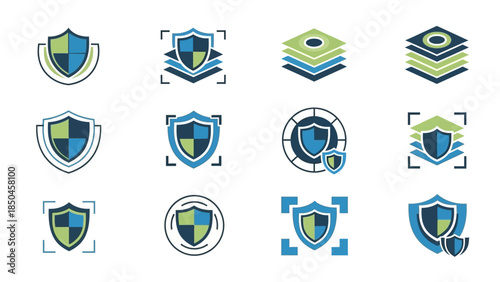 Set of shield icons representing security, protection, and digital safety in a modern, clean graphic style