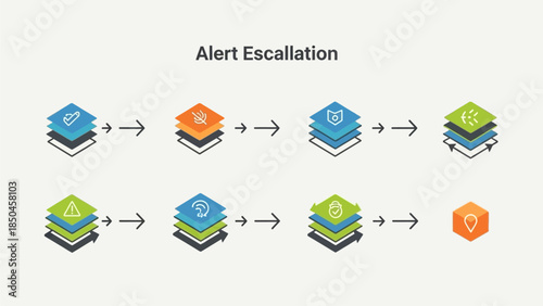 Comprehensive visual diagram illustrating a structured alert escalation process, detailing sequential steps for incident management, problem resolution, and operational workflow improvement