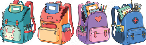  Professional collection of colorful school backpacks filled with notebooks, pencils, and art supplies for back to school marketing, education branding, and student lifestyle