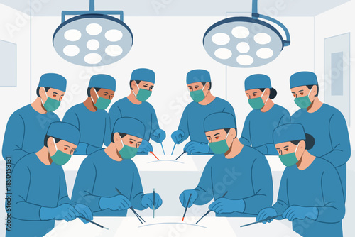 A team of surgeons performing a complex medical operation in a sterile operating room environment.