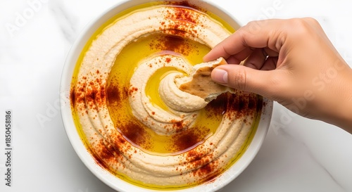Creamy hummus dip with olive oil and paprika, hand dipping pita bread, close-up view.