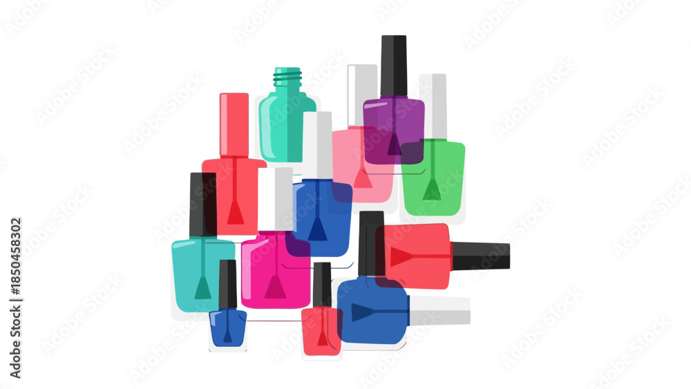 Obraz premium Overlapping colorful nail polish bottles scattered on a white background