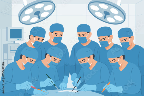 Medical team performing surgery in operating room with surgical lights.