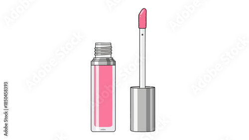 Pink lip gloss tube open beside its applicator wand against white