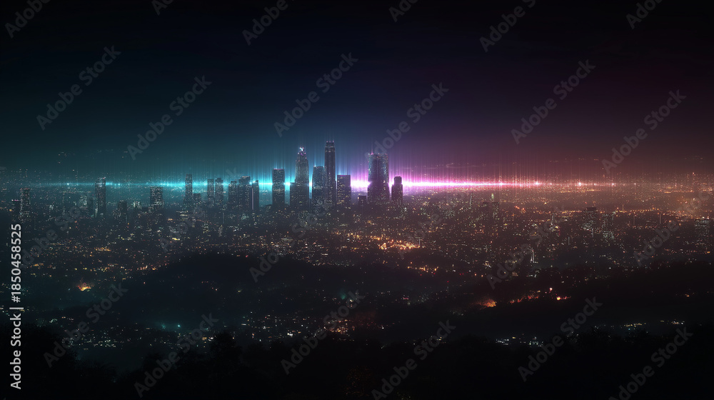 Fototapeta premium Cityscape at Dusk: A breathtaking panorama unfolds as dusk paints the metropolis with a symphony of lights. The city skyline emerges from a sea of illuminated buildings and vibrant colors.