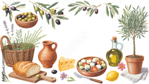 Mediterranean Cuisine Ingredients in Watercolor Style with Soft Pastel Colors on White Background for Restaurant Menu