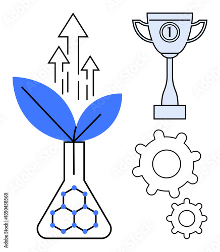 Innovation concept. Innovation ed by a plant, gears, and trophy growth, progress, and achievement. Innovation ideas for technology, business, success strategy and sustainability