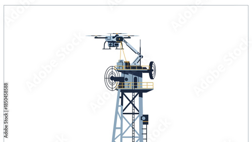 Pixel art drone being lowered by a robotic arm onto a tower