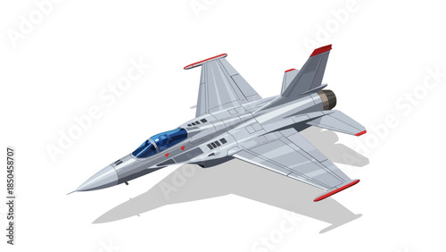 Pixel art isometric view of a gray fighter jet with blue canopy and red accents