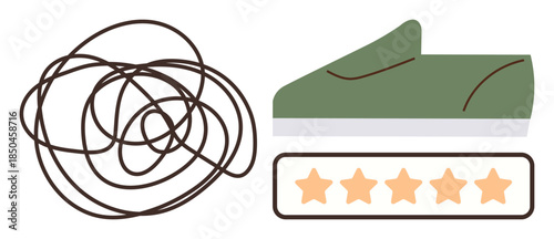 Tangled lines next to an elegant green shoe with a five-star rating. Ideal for creativity, product design, success, quality, innovation, customer feedback, progress. Simple flat metaphor
