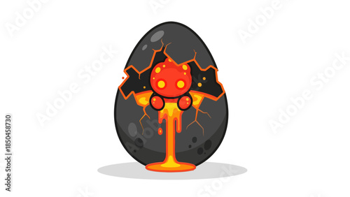 Pixel art of a cracked dark egg hatching a small bright red lavalike creature