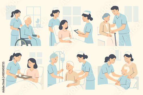 Nurses providing compassionate care to diverse patients in various hospital settings.