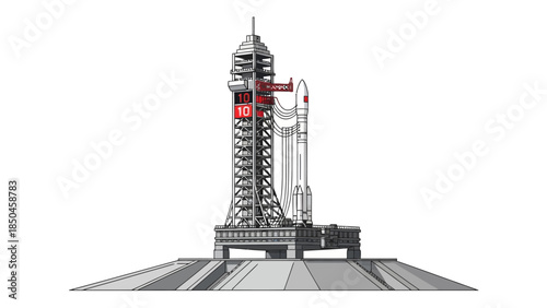 Pixel art of a rocket and a tall launch tower on a concrete pad