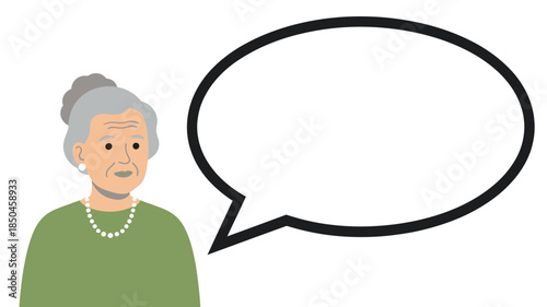 Elderly woman illustration with thoughtful expression and empty speech bubble in clean vector style for communication design.