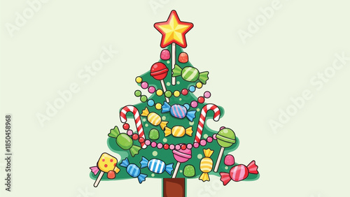 Sweet christmas tree made of candy and lollipop decorations with a star on top