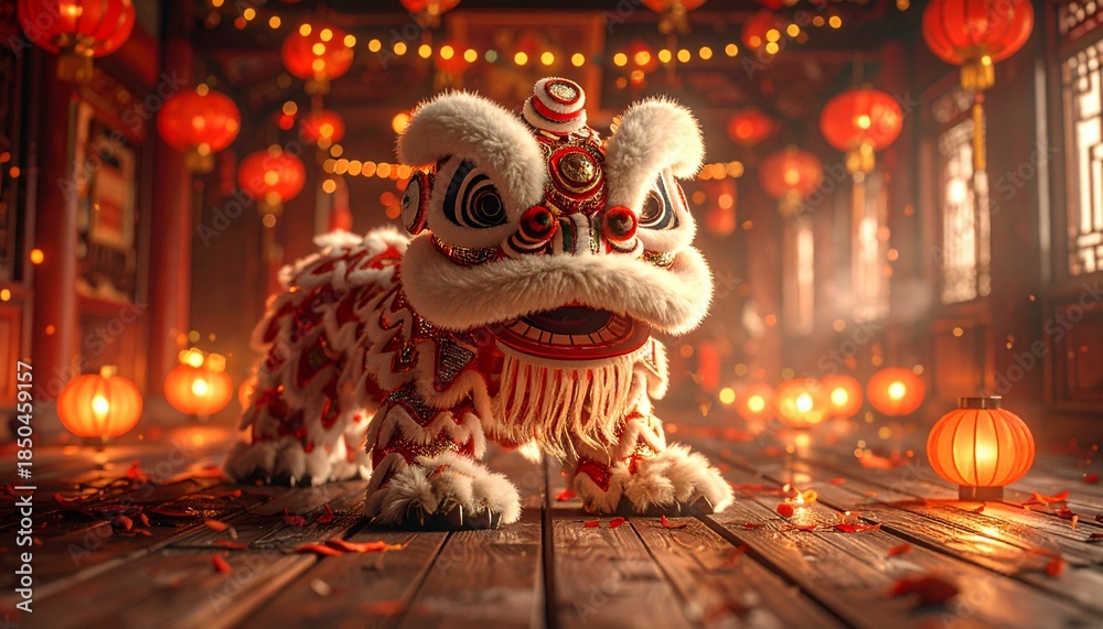 Obraz premium Chinese Lion Dance Statue with Lanterns, Traditional Festival Decoration