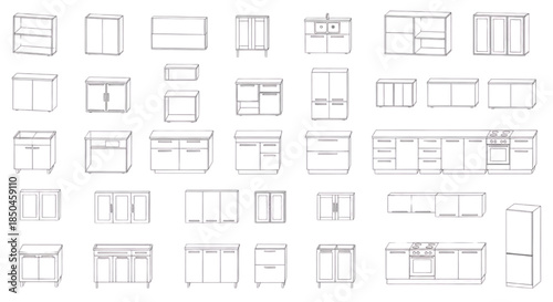 Collection of kitchen cabinets and appliances line art drawings