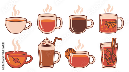 Collection of various hot beverages in a cozy cartoon style with warm colors and flat vector format for autumn and winter designs.