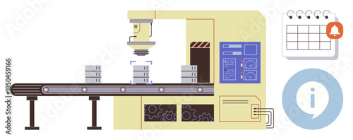 Robotic arm stacking packages on conveyor belt. Digital interface, gears, and calendar with alert icon. Ideal for automation, manufacturing, productivity, scheduling, workflow technology innovation