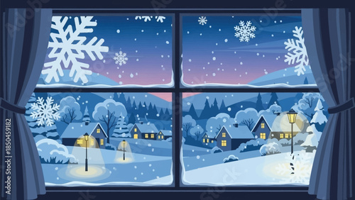 Winter village scene viewed through frosty window