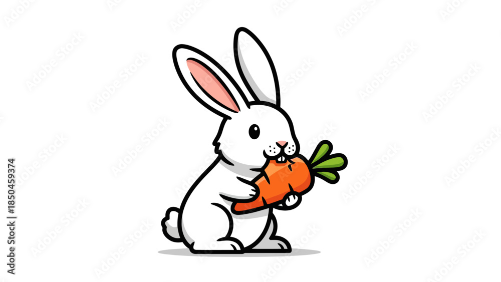 Obraz premium White cartoon rabbit holding and eating a bright orange carrot