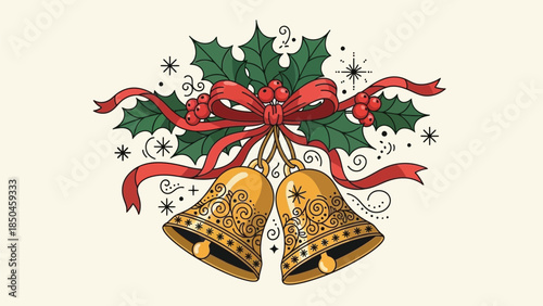 Christmas jingle bells with holly leaves and red ribbon, festive holiday decoration vector illustration