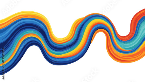 Wavy ribbon of layered blue yellow orange and cyan strokes on white